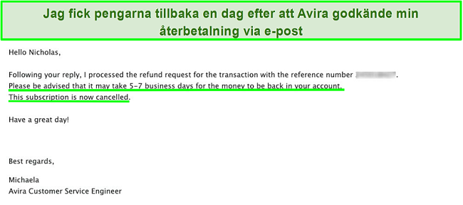 Skärmdump av e-post med Aviras kundsupport som begär återbetalning