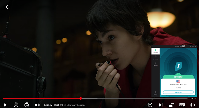 图片显示 Surfshark 徽标覆盖在 Netflix 剧集“Money Heist”的场景上，表明合作或伙伴关系