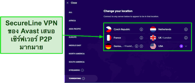 ภาพหน้าจอแสดงเซิร์ฟเวอร์ที่ปรับให้เหมาะสม P2P ที่มีอยู่ใน VPN ของ Avast
