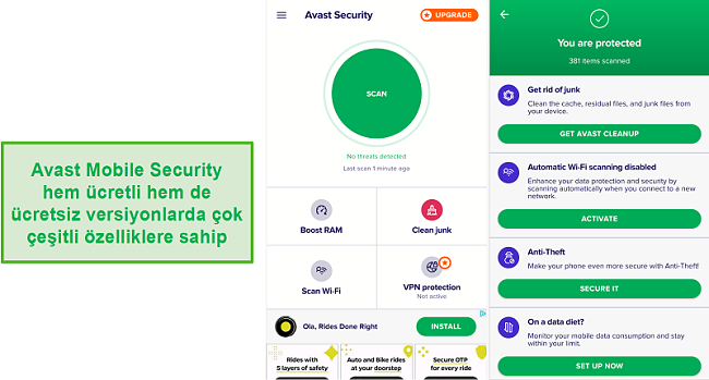 Avast'ın mobil uygulama özelliklerinin ekran görüntüsü.