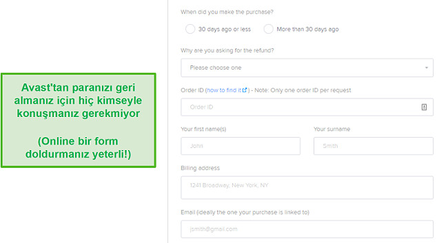 Avast'ın geri ödeme gönderim formunun ekran görüntüsü.
