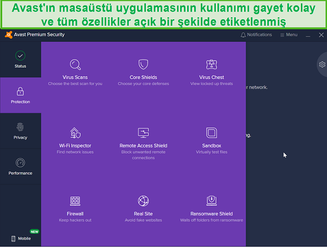 Avast'ın masaüstü Koruma menüsünün ekran görüntüsü