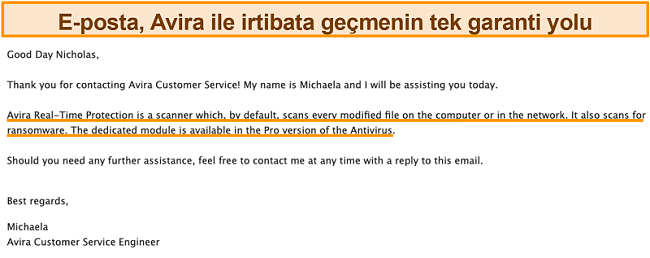 Avira antivirüs ve bir müşteri arasındaki e-posta alışverişinin ekran görüntüsü