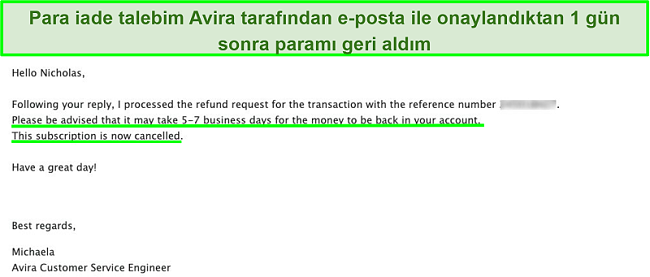 Geri ödeme talebinde bulunan Avira müşteri desteği ile e-postanın ekran görüntüsü