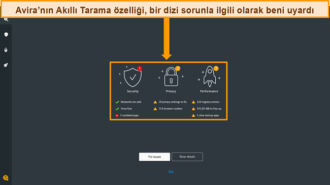 Avira Antivirus Smart Scan sonuçları sayfasının ekran görüntüsü.