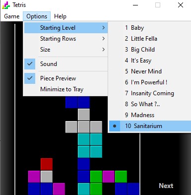 Tetris Starting levels.