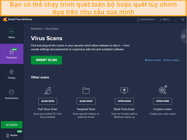Tổng quan về các lần quét mối đe dọa của Avast, từ quét khởi động đến quét toàn bộ toàn hệ thống.