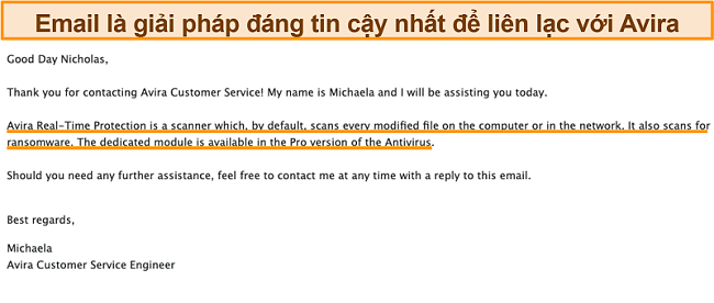 Ảnh chụp màn hình cuộc trao đổi email giữa Avira antivirus và khách hàng