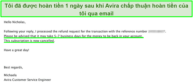 Ảnh chụp màn hình email với bộ phận hỗ trợ khách hàng của Avira yêu cầu hoàn lại tiền