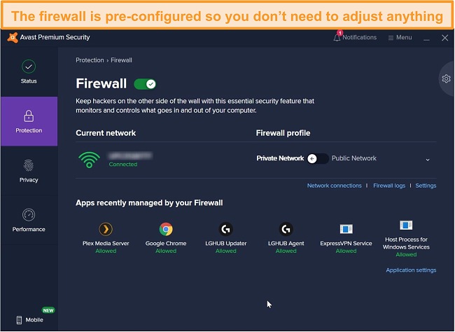 Screenshot of Avast's firewall screen.