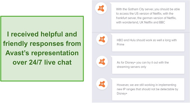 Screenshot of a live chat with an Avast support agent