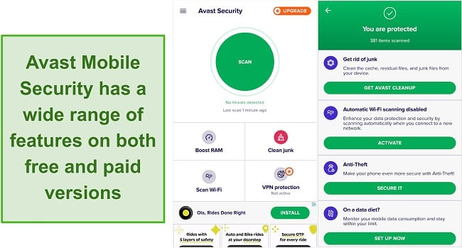 Screenshot of Avast's mobile app features.