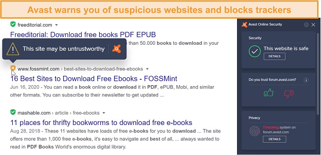 Screenshot of Avast's Online Security browser plugin warning of a suspicious website