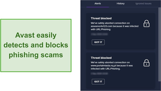 Screenshot of Avast warning of phishing domains and blocking access to them.