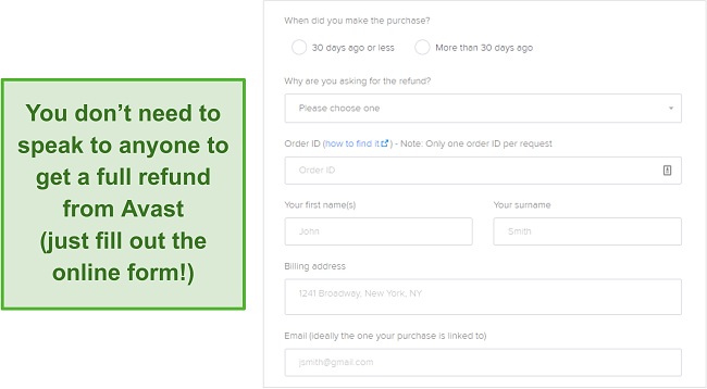 Screenshot of Avast's refund submission form.