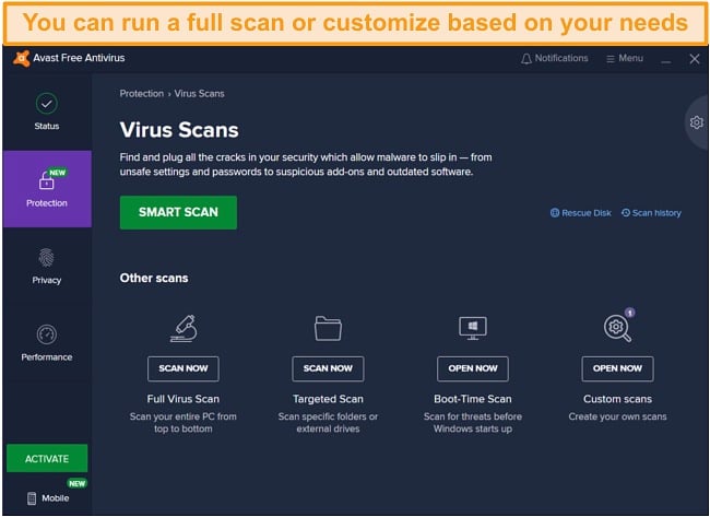 Overview of Avast's threat scans, from the boot scan to the system-wide full scan.