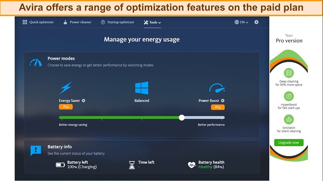 Screenshot of Avira's battery boost feature