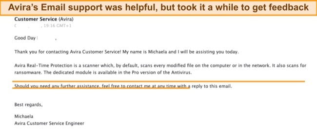 Screenshot of Avira's email response