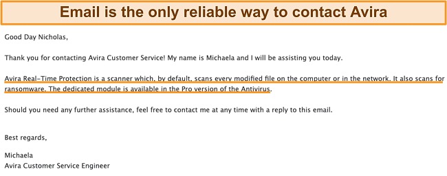 Screenshot of an email exchange between Avira antivirus and a customer