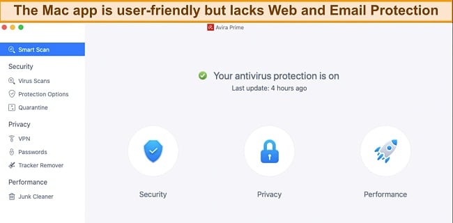 Avira runs well on Mac but has fewer features than the Windows app