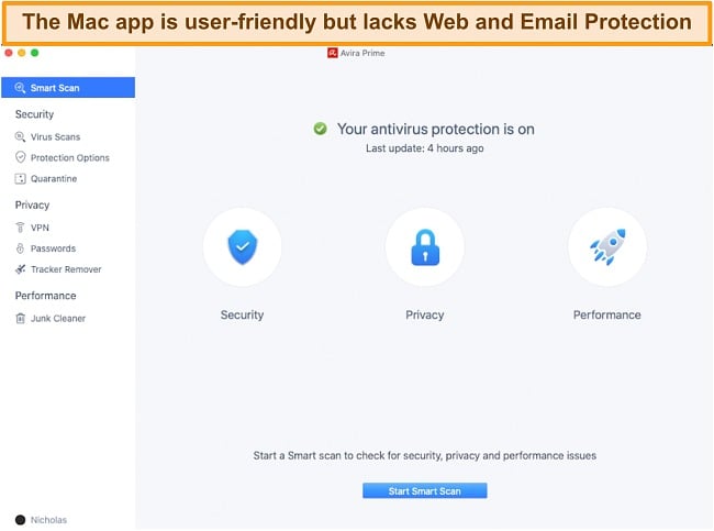Screenshot of Avira's Mac app's user interface