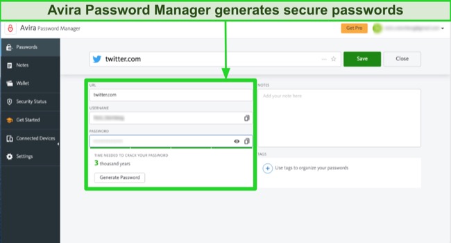 Screenshot of Avira's password manager