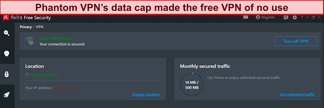 Screenshot of Avira's VPN bandwidth limit