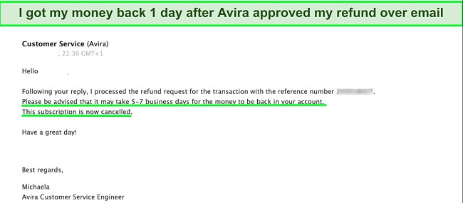 Screenshot of Avira refund confirmation