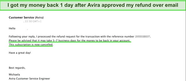 Screenshot of Avira refund confirmation