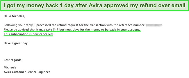 Screenshot of email with Avira customer support requesting a refund
