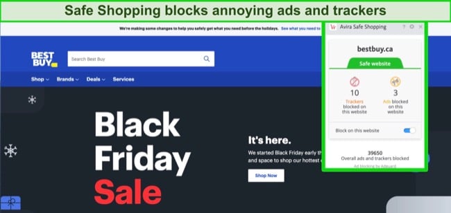 Screenshot of Avira Safe Shopping extension blocking ads