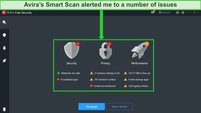 Screenshot of Avira smart scan results