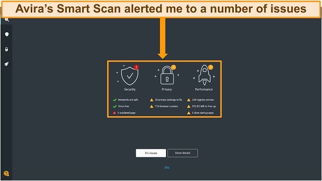 Avira’s Smart Scan detects malware plus system optimization issues