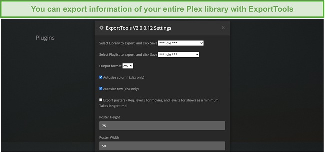 Screenshot of ExportTools app for Plex.