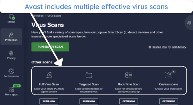 Screenshot showing the available virus scans in Avast