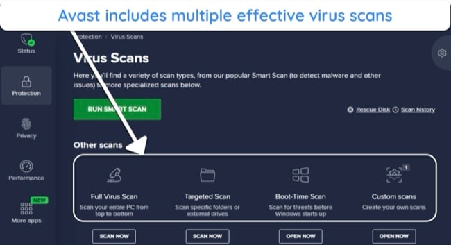 Screenshot showing the available virus scans in Avast