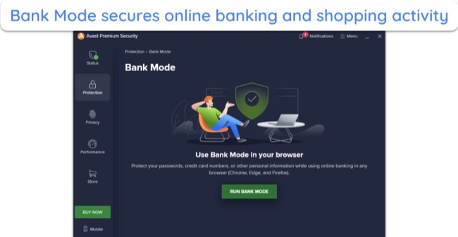 Screenshot showing the Bank Mode feature in Avast