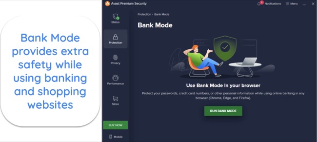Screenshot showing the Bank mode feature in Avast