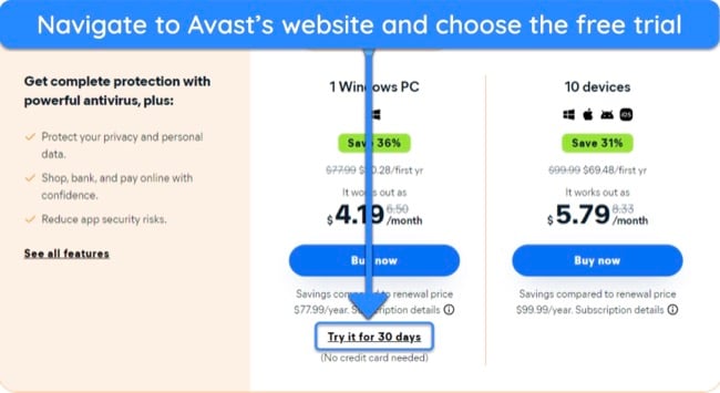 Screenshot showing how to get Avast's Premium Security free trial