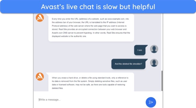 Screenshot of a conversation with Avast's live chat support