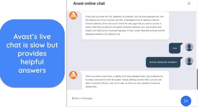 Screenshot of a conversation with Avast's live chat support