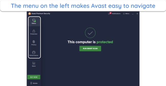 Screenshot showing Avast's desktop app interface