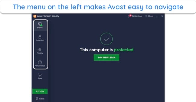 Screenshot showing Avast's desktop app interface