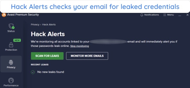 Screenshot showing the Hack Alerts feature in Avast