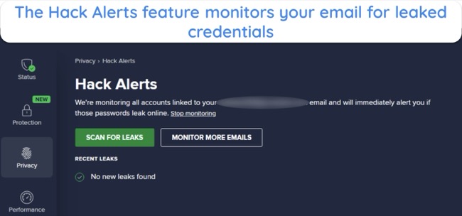 Screenshot showing the Hack Alerts feature in Avast