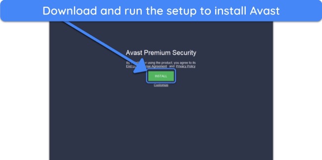 Screenshot showing how to start Avast's installation on Windows