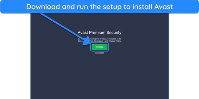 Screenshot showing how to start Avast's installation on Windows