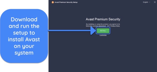 Screenshot showing how to start Avast's installation on Windows