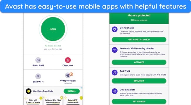 Screenshot showing Avast's mobile app interface