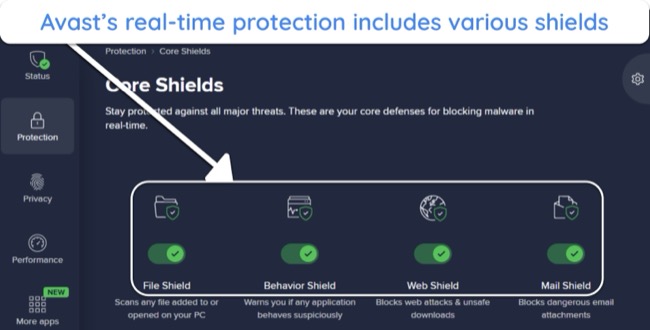 Screenshot showing Avast's real-time protection features